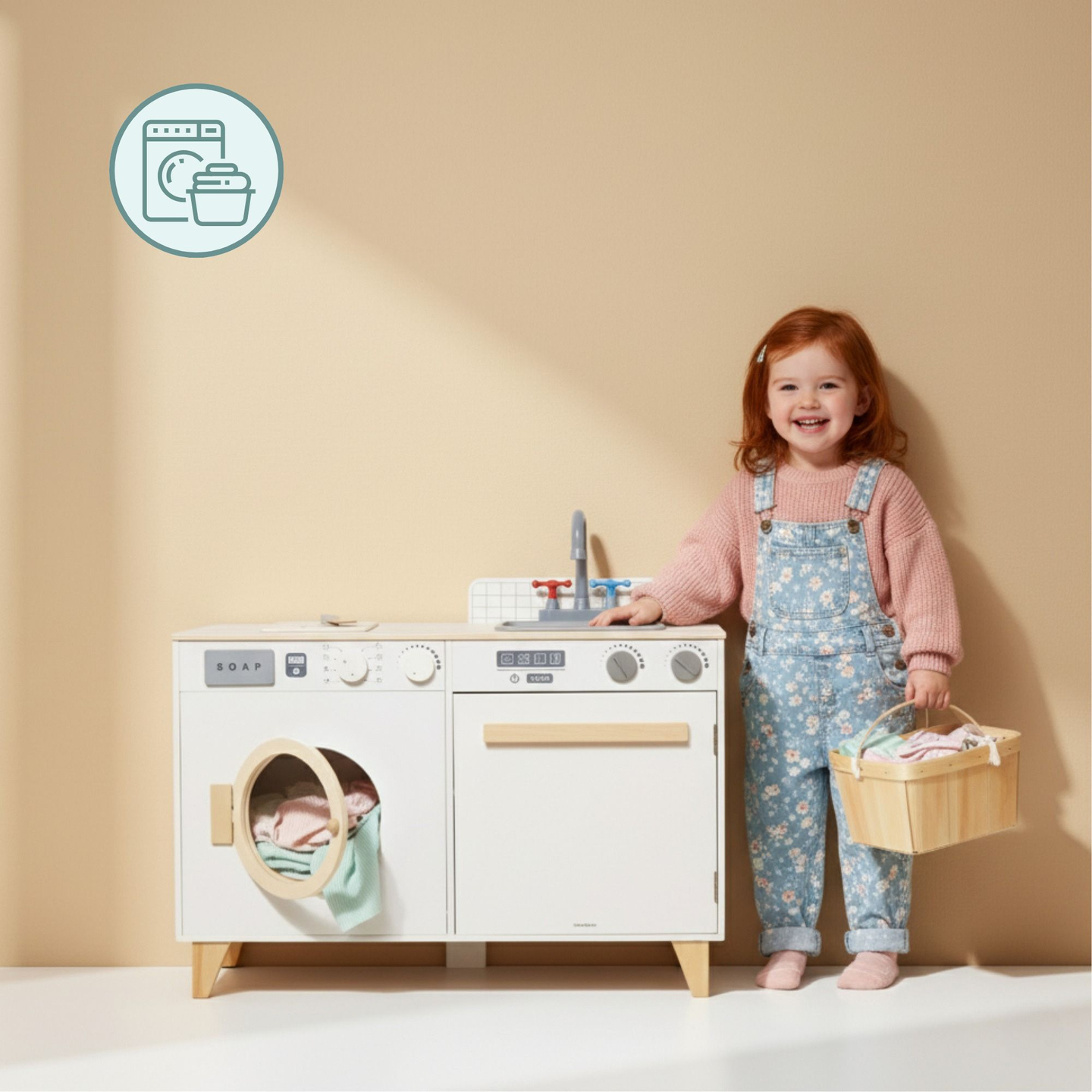Lavanderia e cucina in legno - set da casa 2 in 1 per bambini