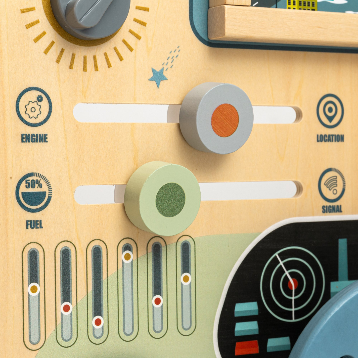 Tavola Montessori in legno 2 in 1 Cockpit per piccoli conducenti e piloti: volante, cambio, mappe di viaggio, radar