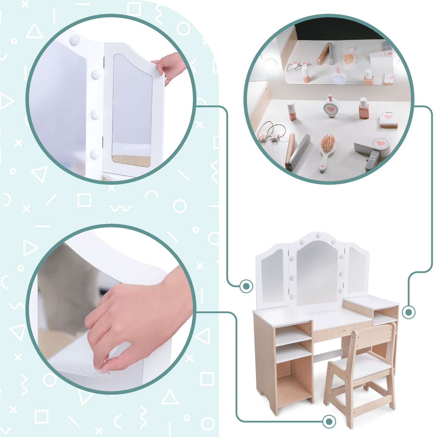 Tavolino da toeletta per bambini in legno con sedia, accessori e illuminazione a LED