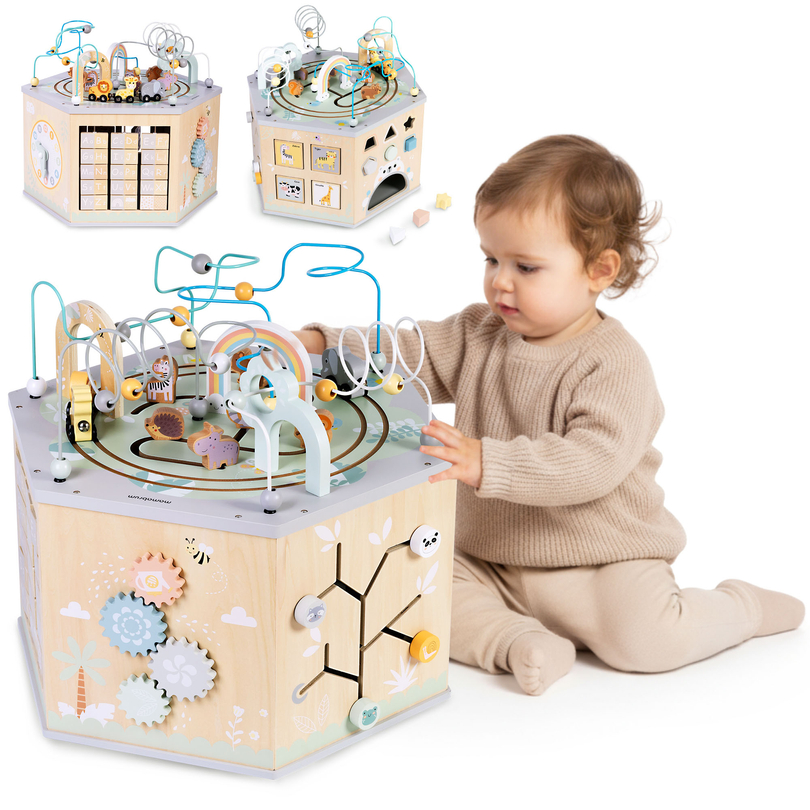 Grande cubo educativo in legno: un giocattolo Montessori con un treno magnetico e circuiti motori