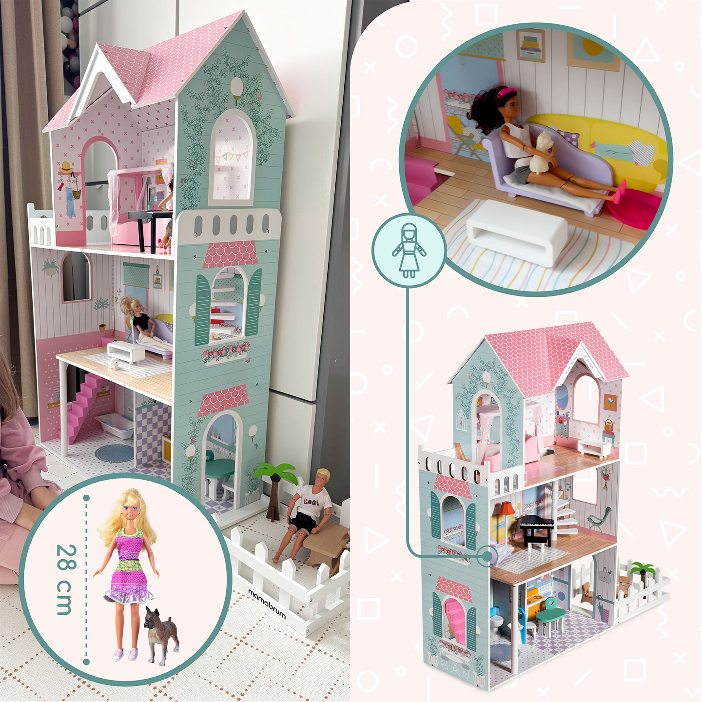 XXL La più grande casa delle bambole in legno - 123 cm - illuminata a LED - terrazza, accessori, giardino
