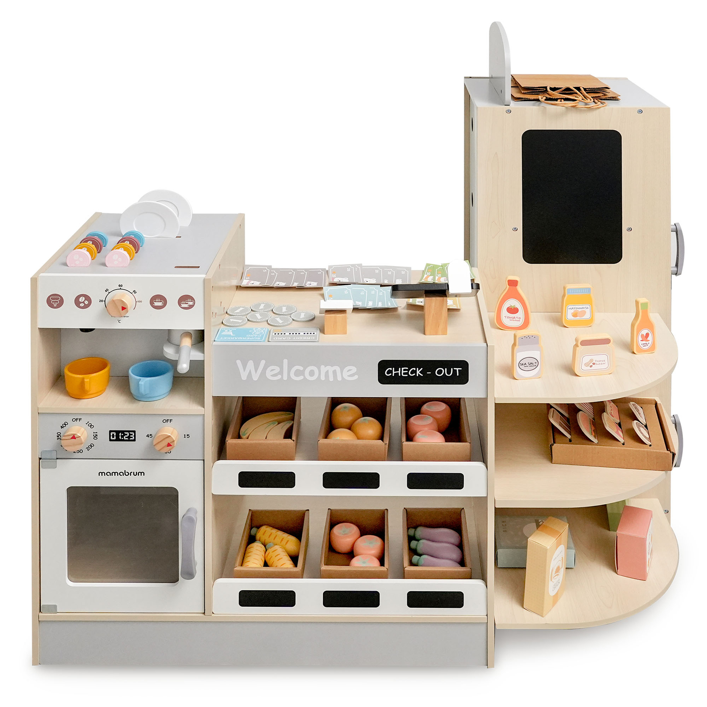 Grande negozio in legno XXXL per bambini con bar fast food - Corner shop + Macchina del caffè + Forno + Frigorifero - 106 ac.