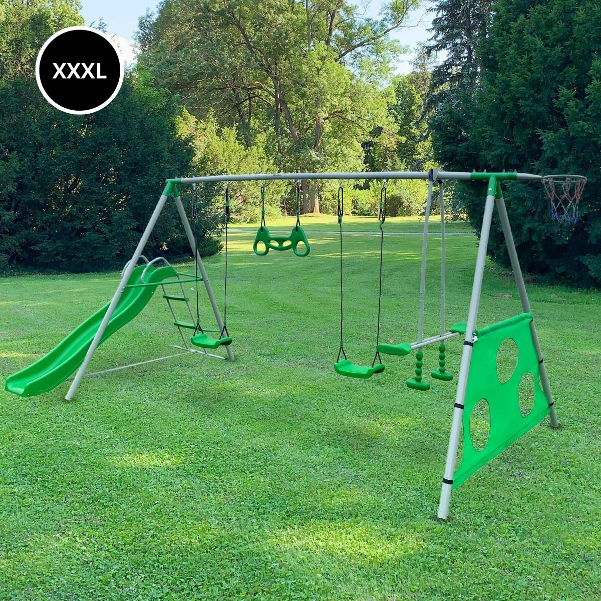 Parco giochi da giardino XXXL per bambini con altalene, scivolo, trapezio ginnico, canestro da basket e porta da calcio