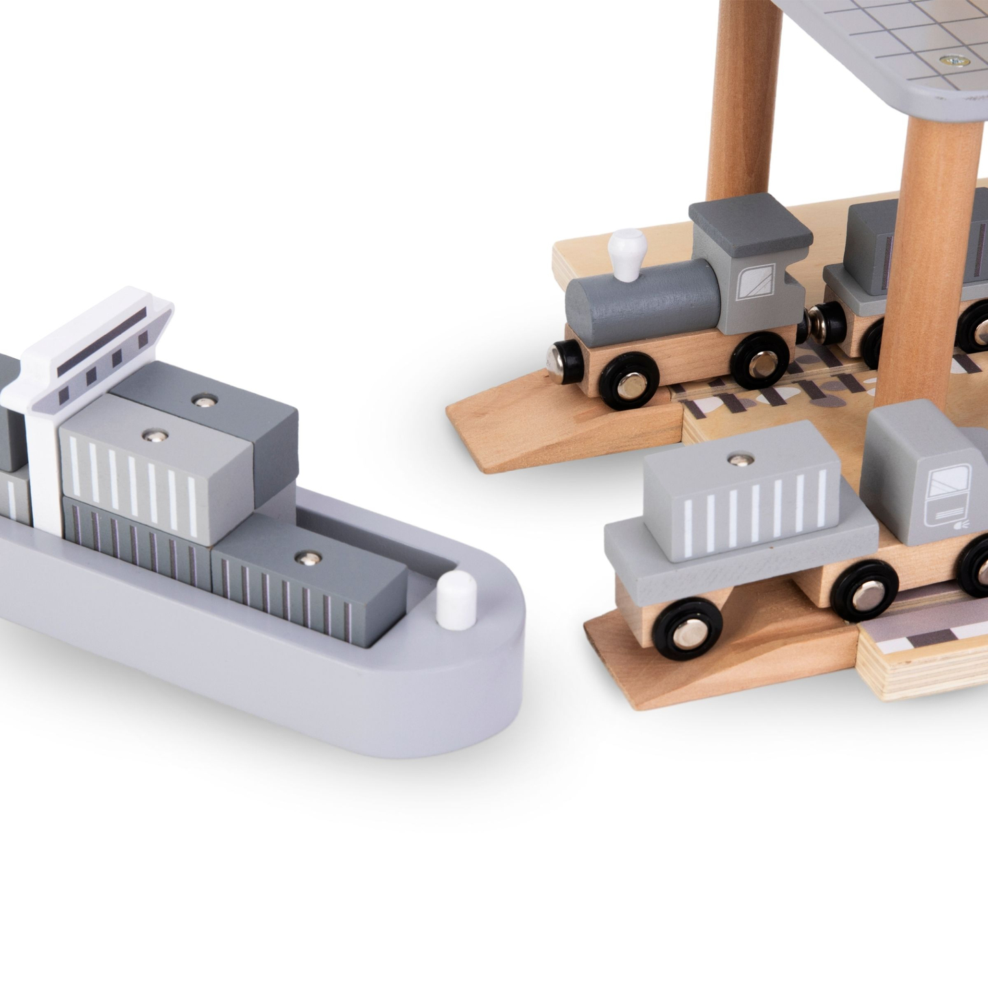 Gru portuale mobile con argano magnetico e accessori - set in legno