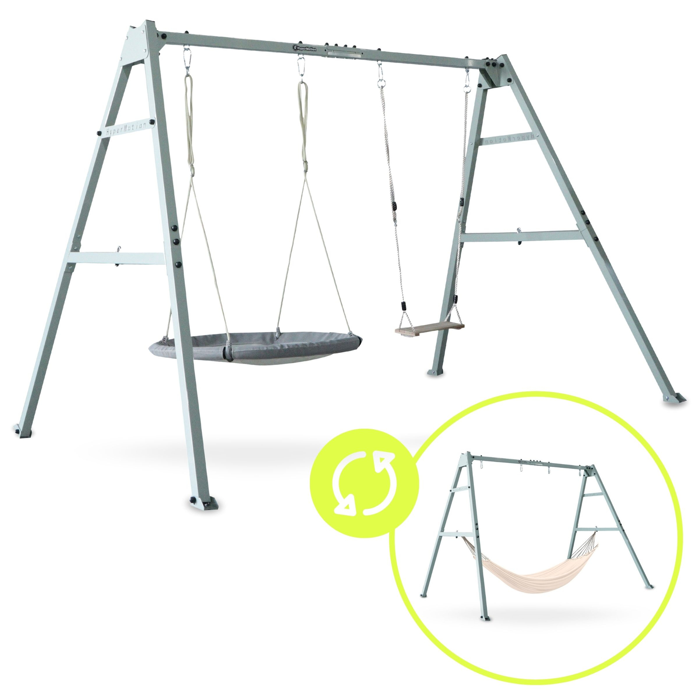 Altalena doppia con accessori - struttura in acciaio - nido di cicogna, dondolo e amaca