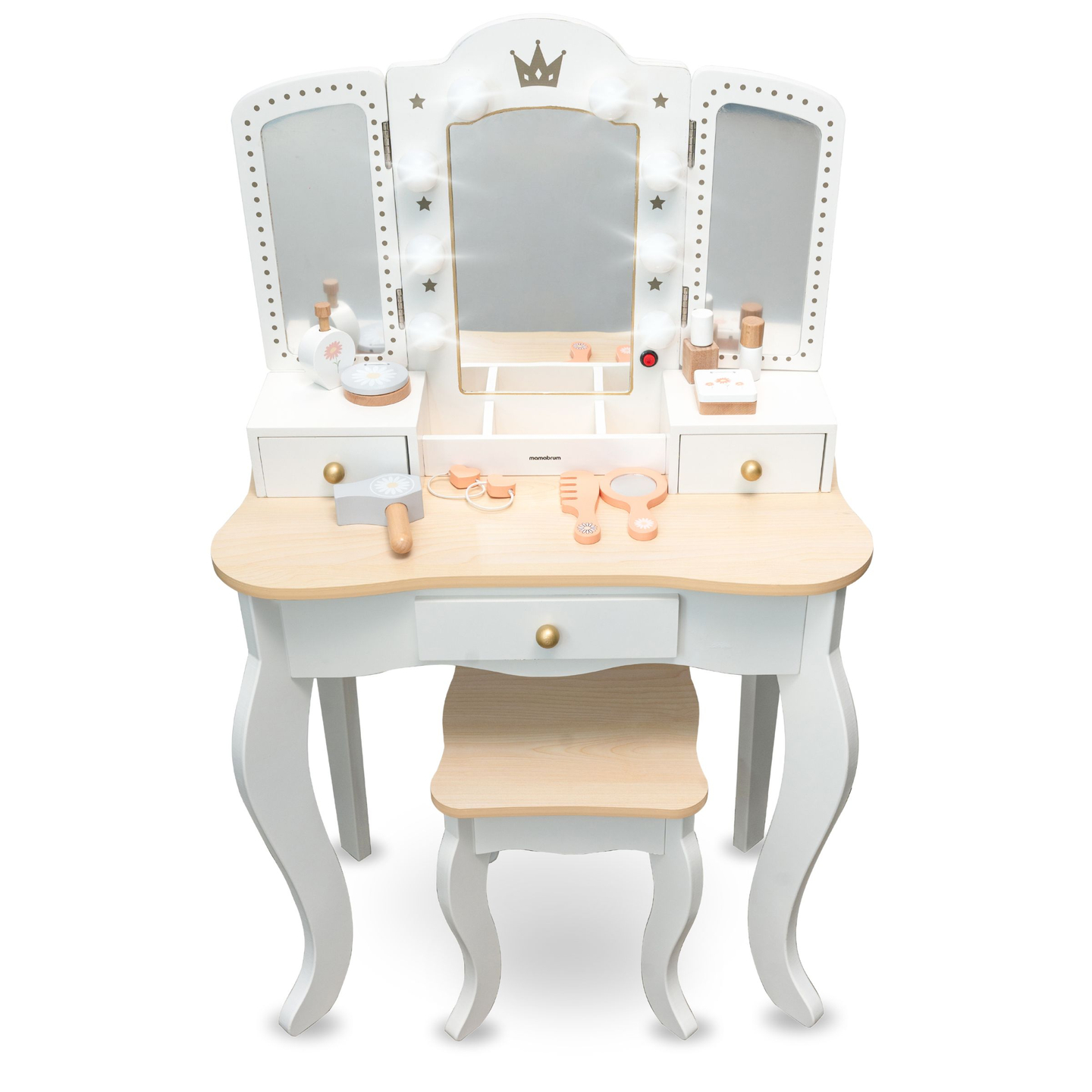 Tavolino da toilette XXL in legno con sgabello e illuminazione a LED per bambini + accessori