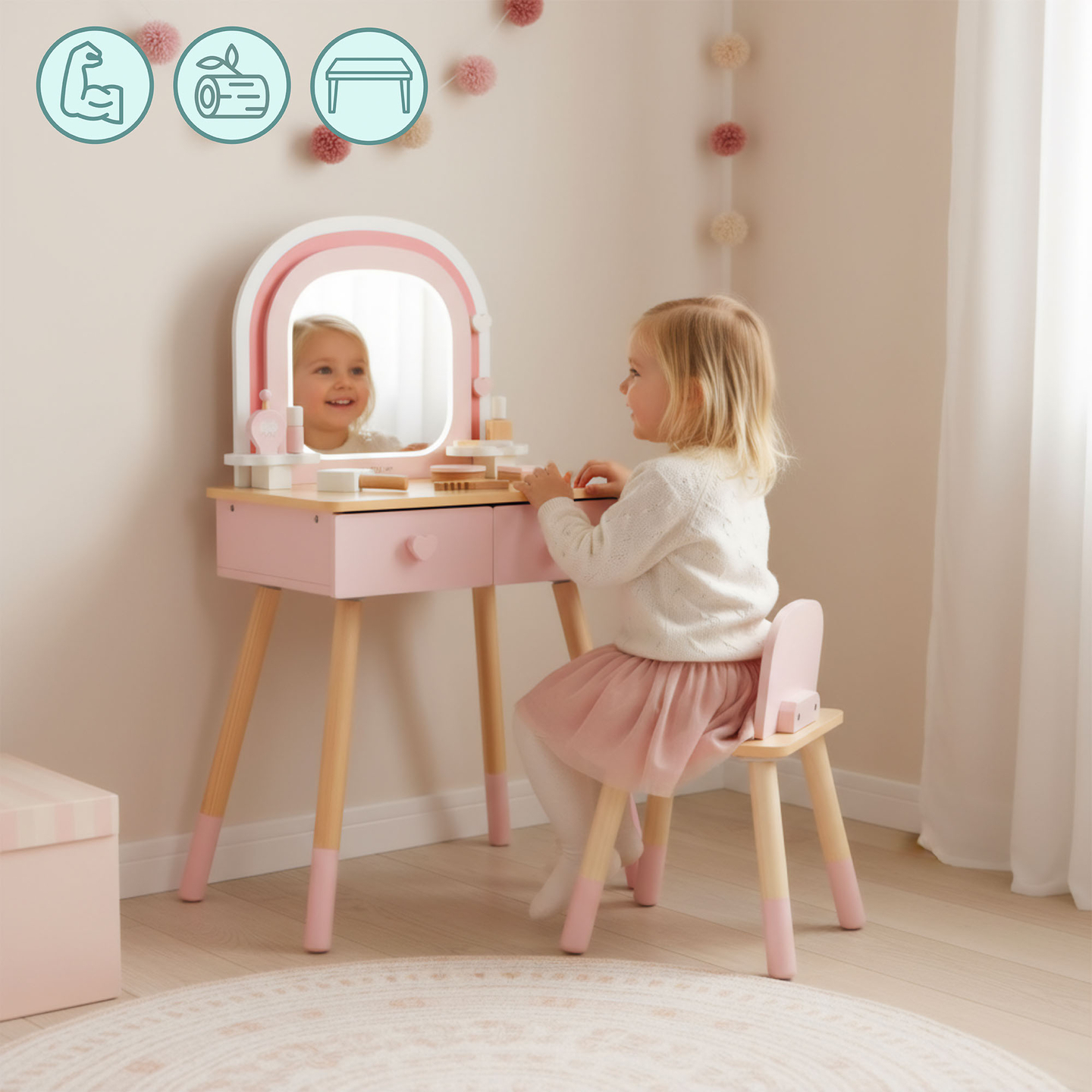 Toeletta in legno per bambini con illuminazione a LED con regolazione continua della luminosità, sedia e accessori