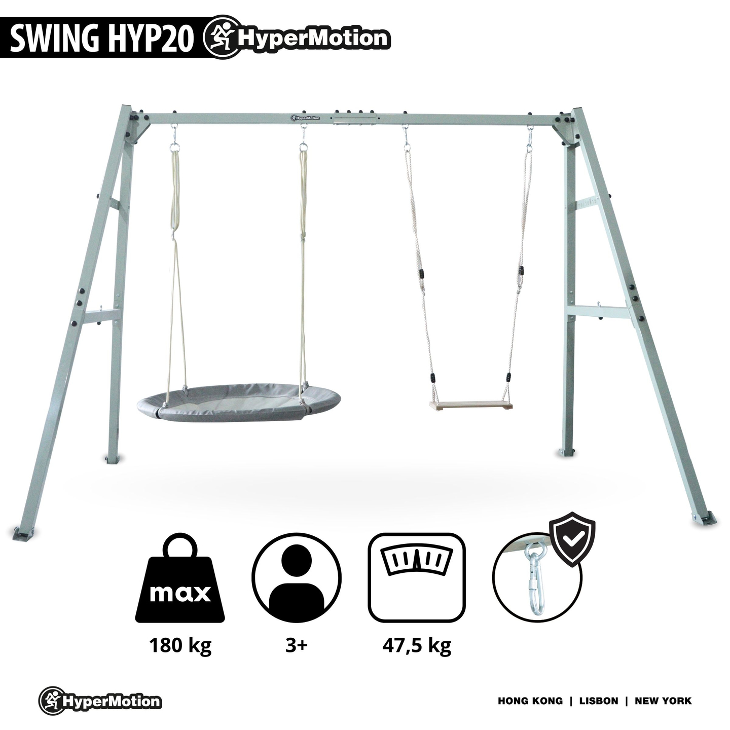 Altalena doppia con accessori - struttura in acciaio - nido di cicogna, dondolo e amaca