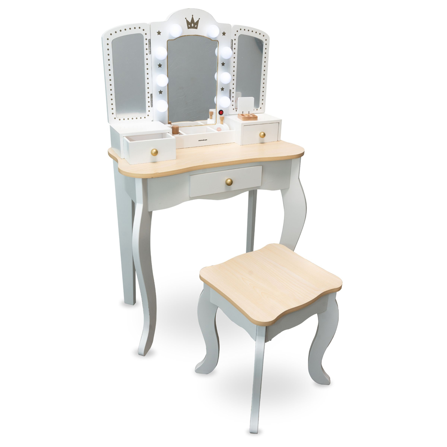 Tavolino da toilette XXL in legno con sgabello e illuminazione a LED per bambini + accessori