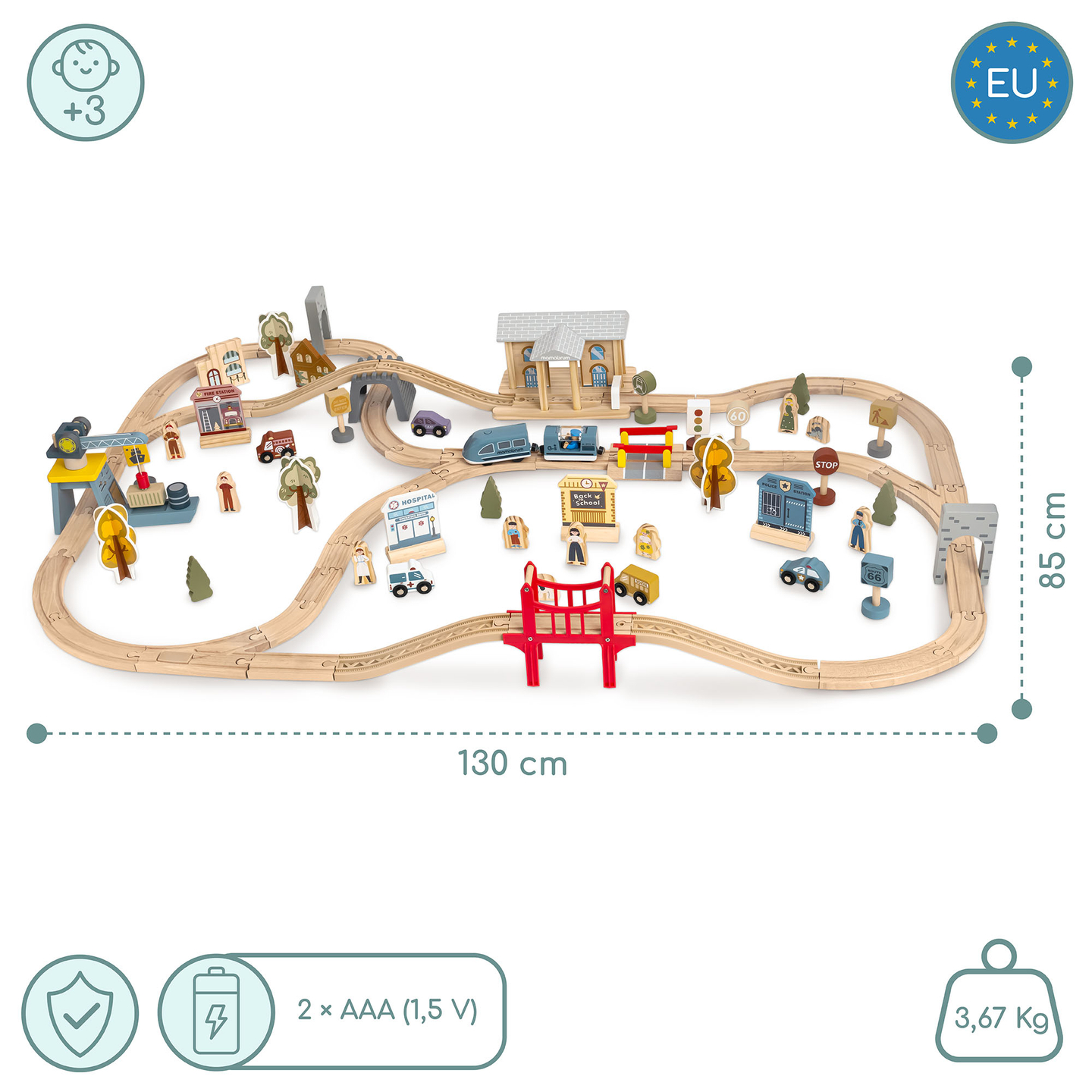 Ferrovia urbana in legno con treno elettrico - gru mobile, nave, ponti