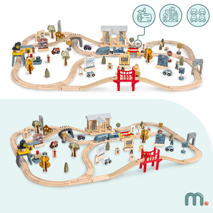 Ferrovia urbana in legno con treno elettrico - gru mobile, nave, ponti