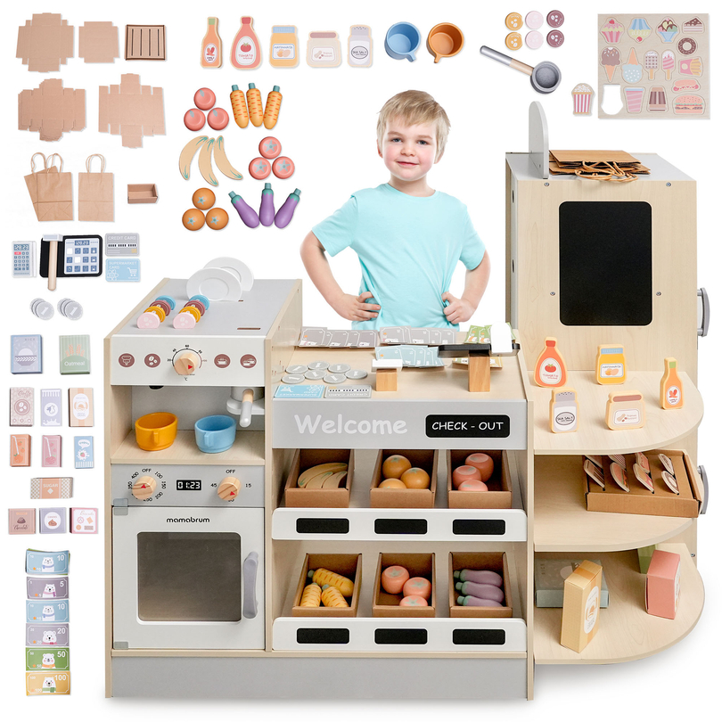 Grande negozio in legno XXXL per bambini con bar fast food - Corner shop + Macchina del caffè + Forno + Frigorifero - 106 ac.