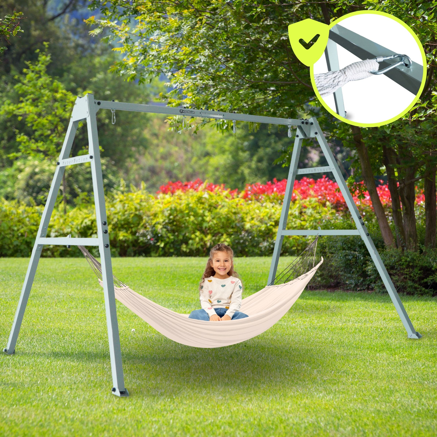 Altalena doppia con accessori - struttura in acciaio - nido di cicogna, dondolo e amaca