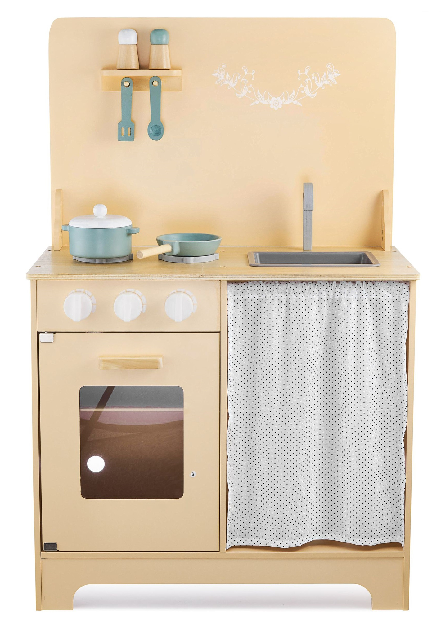 Cucina in legno con grembiule, accessori e illuminazione a LED