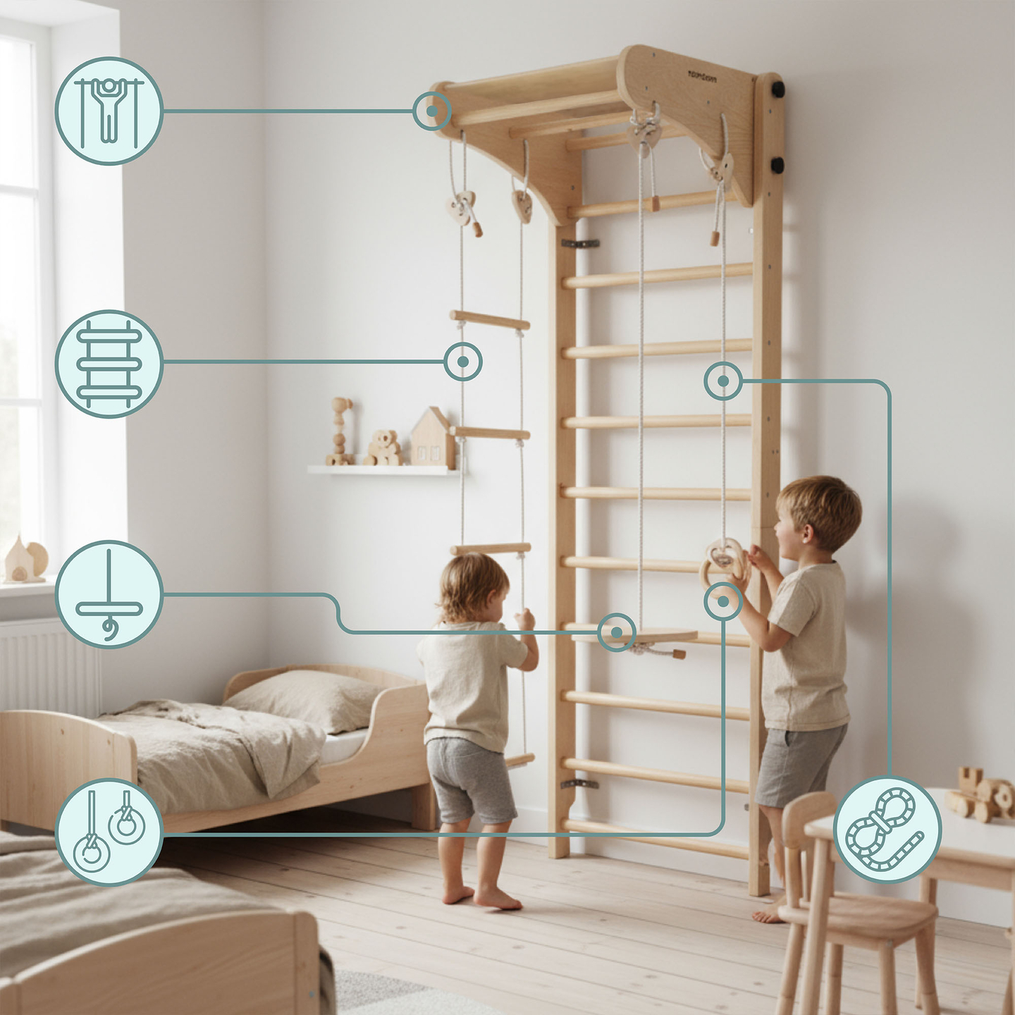 Scala ginnica in legno per bambini con accessori: altalena a dischi, anelli ginnici e scala di corda