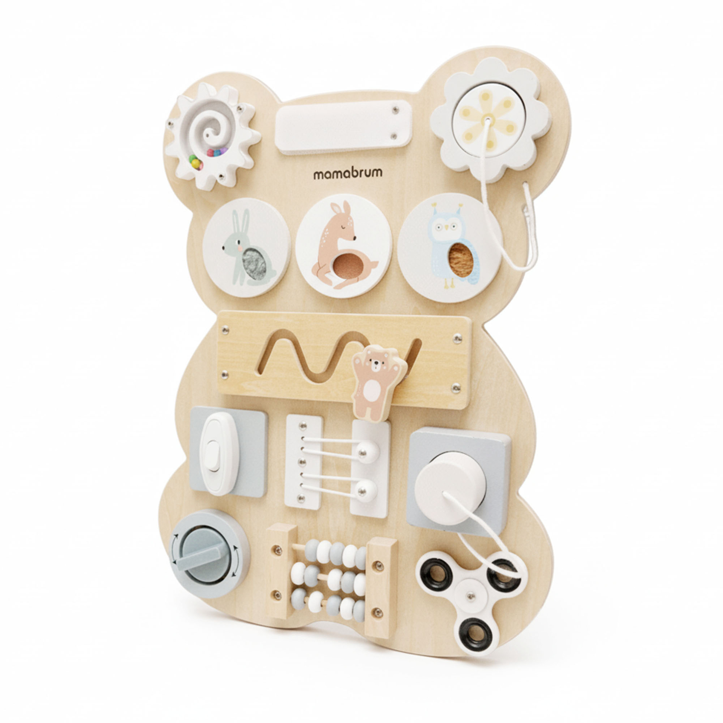 Tavola manipolativa in legno Montessori a forma di orsetto - apprendimento sensoriale dell'indipendenza: velcro, spina, labirinto, manopola a scatto
