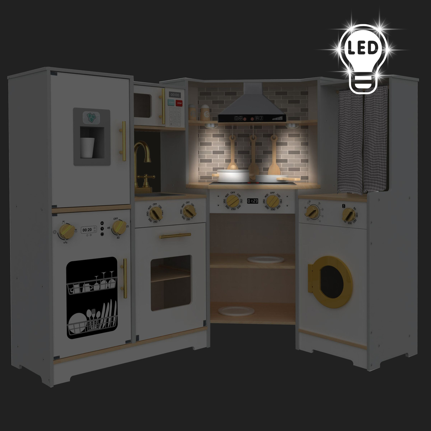 Cucina interattiva in legno XXXL con illuminazione a LED, cappa e accessori