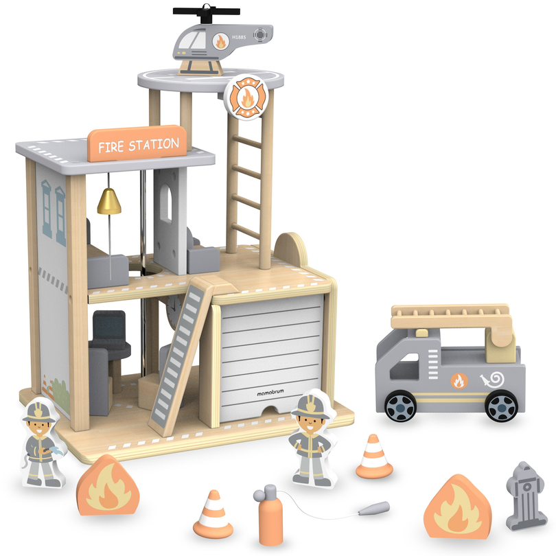 Stazione dei pompieri in legno con accessori, vigili del fuoco