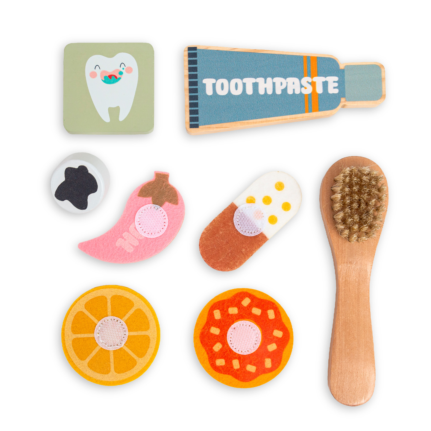 Tavola didattica Montessori in legno Piccolo Dentista - spazzolino da denti, dentifricio, denti rimovibili, specchio, cibo, apprendimento dei sapori