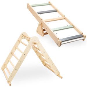 Parco giochi per bambini in legno fatto in casa - scala + parete di arrampicata + trave di equilibrio - triangolo di Pikler