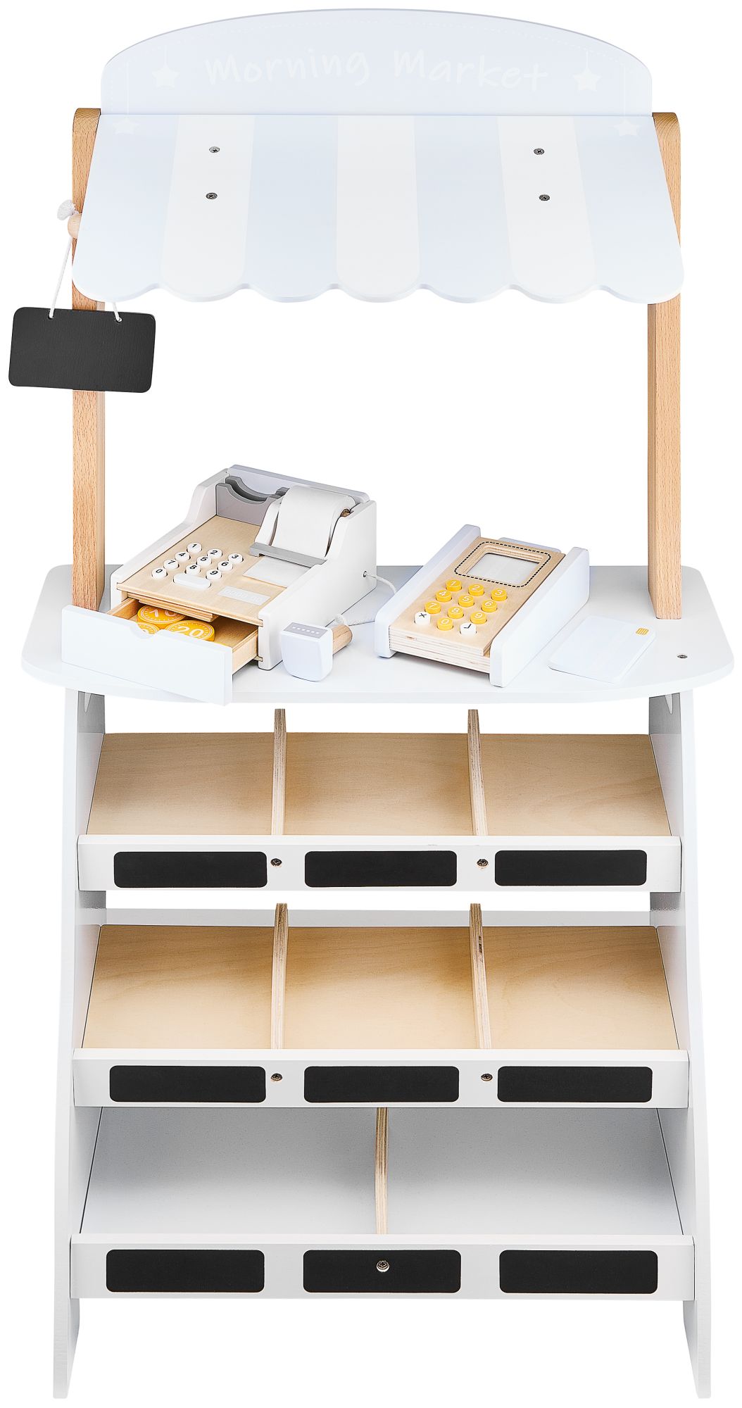 Negozio di verdure - bancarella in legno con casse, registratore di cassa e terminale