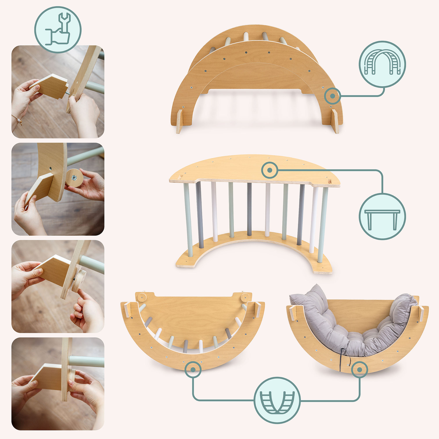 Parco giochi in legno al coperto per bambini: parete da arrampicata, scivolo, arco/dondolo da arrampicata e triangolo di Pikler