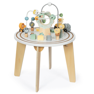 Tavolo didattico rotondo in legno con trenino magnetico e lanciaperline
