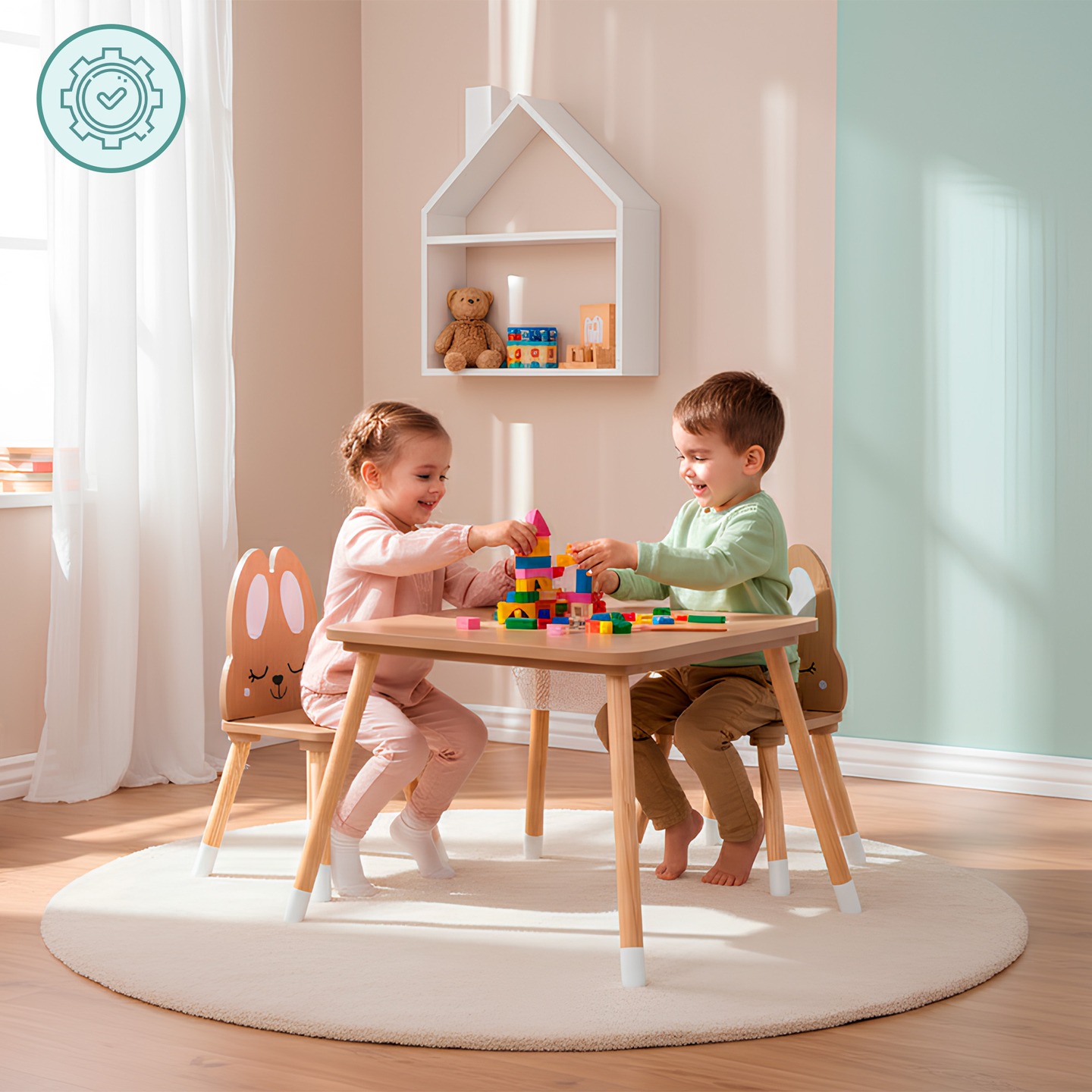 Tavolo in legno con contenitore e 2 sedie Set per bambini - Coniglio carino