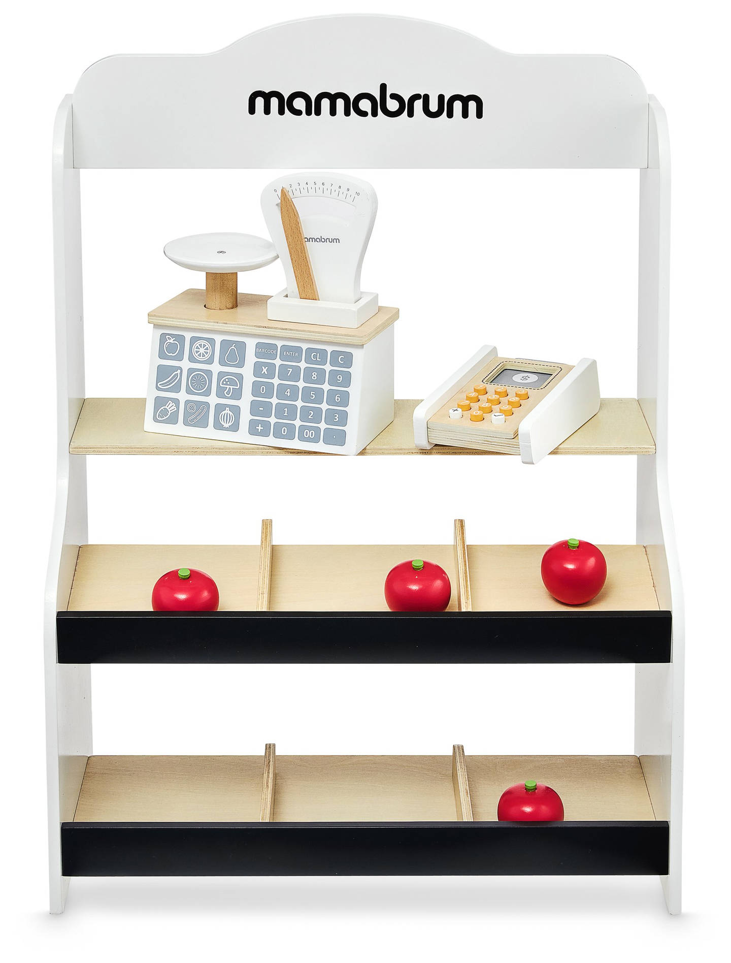 Mini market - negozio con bilancia, terminale, carta di pagamento e frutta