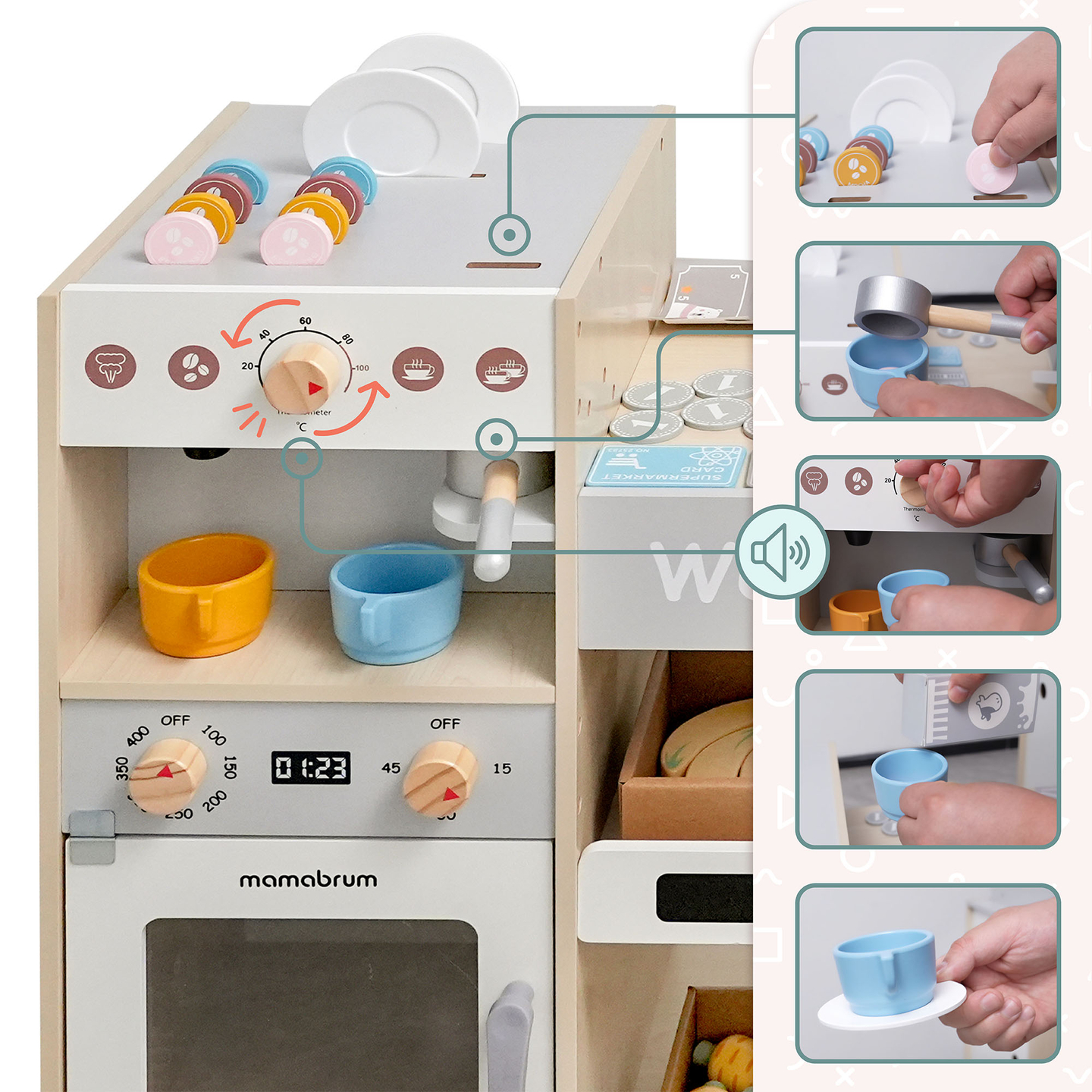 Grande negozio in legno XXXL per bambini con bar fast food - Corner shop + Macchina del caffè + Forno + Frigorifero - 106 ac.