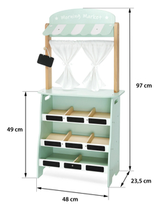 Grande negozio in legno - bancarella e teatro 2 in 1 con bilancia, terminale di pagamento, frutta e verdura