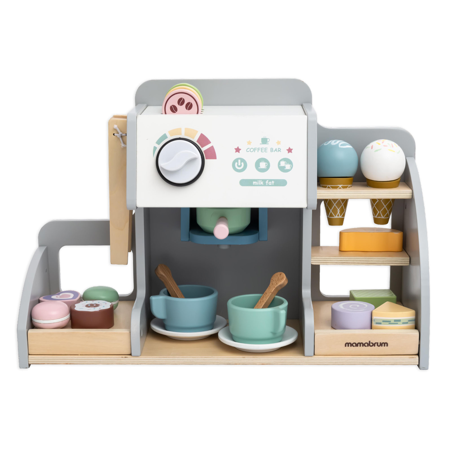 Una grande gelateria in legno con lavagna magnetica, macchina del caffè e set di gelati e dessert - oltre 70 pezzi!