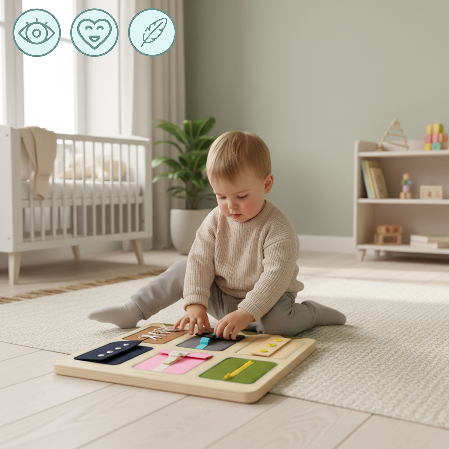 Tavola manipolativa Montessori in legno – Apprendimento sensoriale dell'indipendenza - lacci, fibbie, bottoni, automatici, cerniera