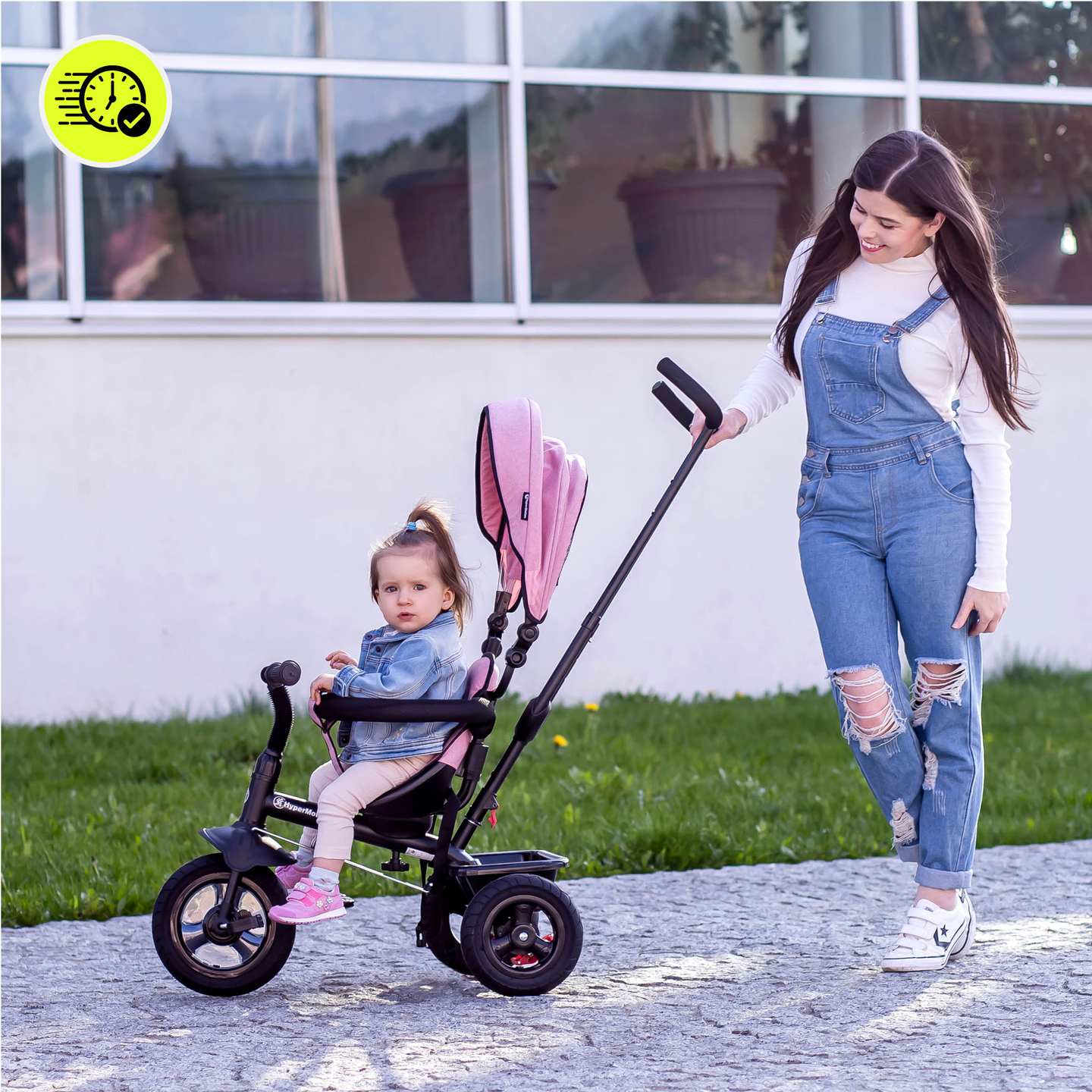 Triciclo per bambini 1-4 anni - TOBI FREY - colore rosa - girevole - ruote pompate + spintore