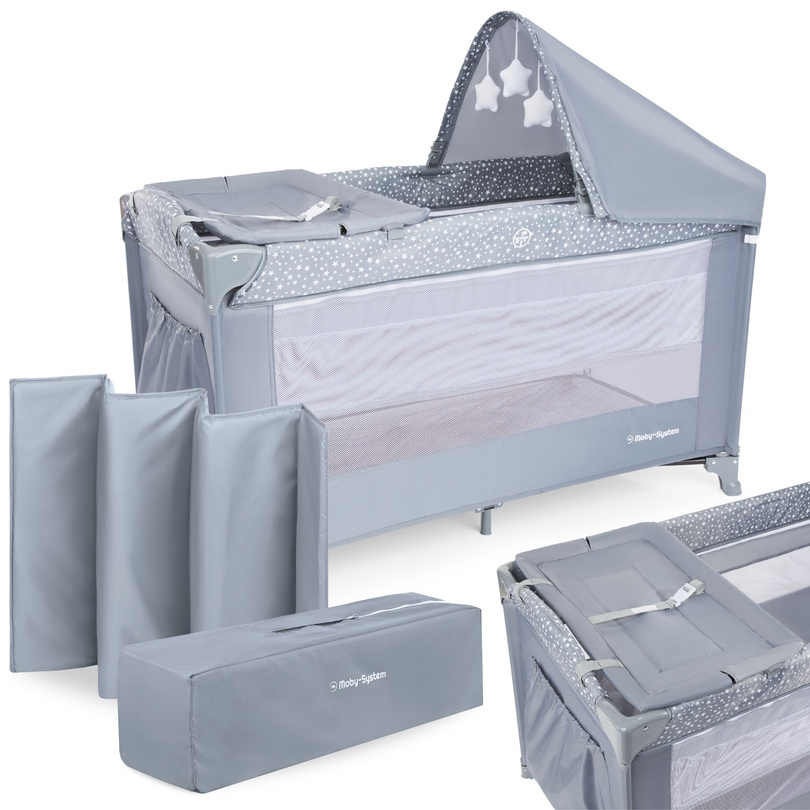 Lettino da viaggio/box 2 livelli con fasciatoio, tettoia e materasso Happy Traveller BASIC PLUS - grigio