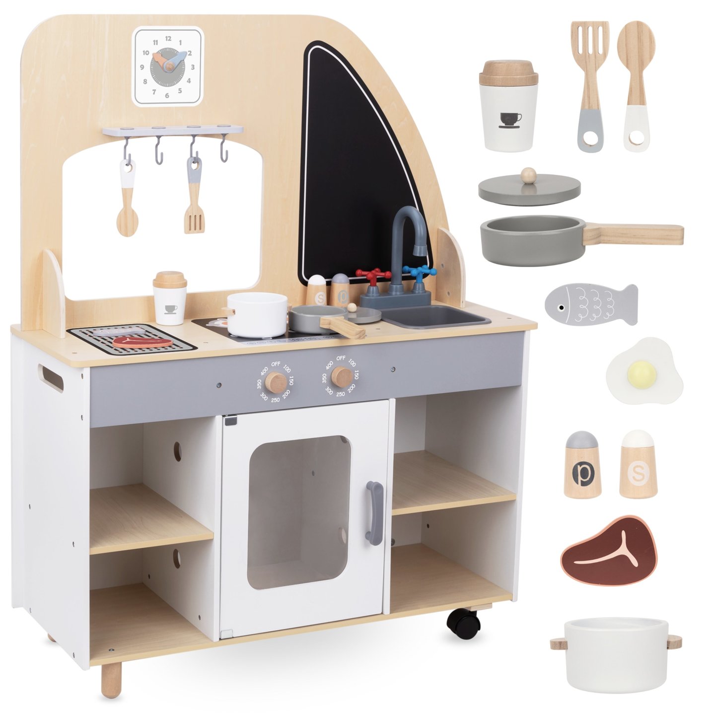 Camioncino di legno su ruote - cucina con accessori