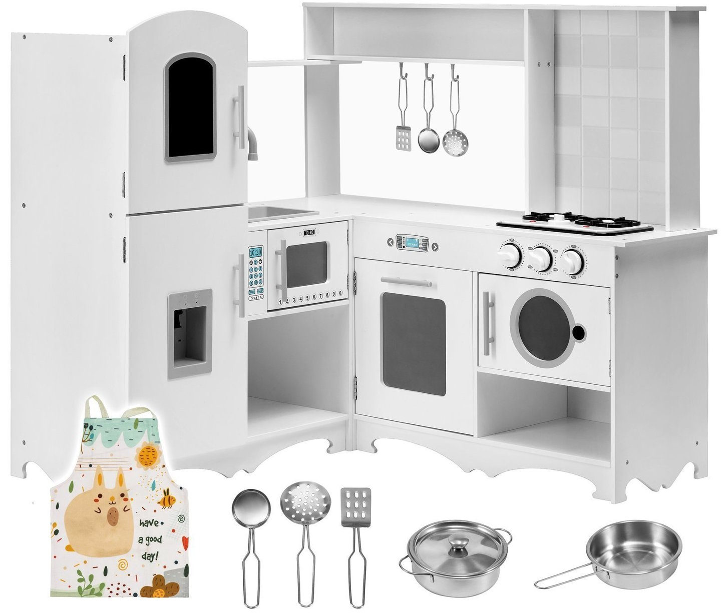 Cucina ad angolo in legno XXXL con frigorifero, forno, lavatrice, grembiule e accessori 