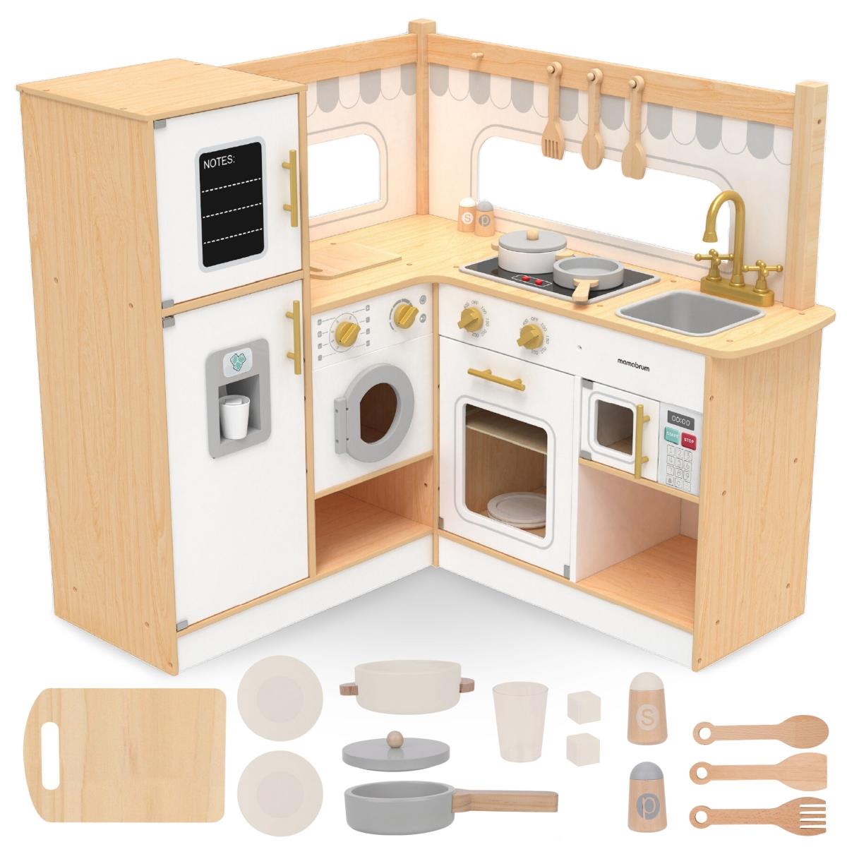 Cucina ad angolo interattiva in legno XXXL con frigorifero, microonde, forno, lavatrice e accessori - naturale