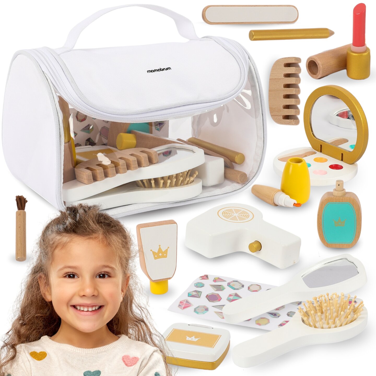 Set da trucco per bambini - borsa per il trucco + accessori in legno, 15 pezzi